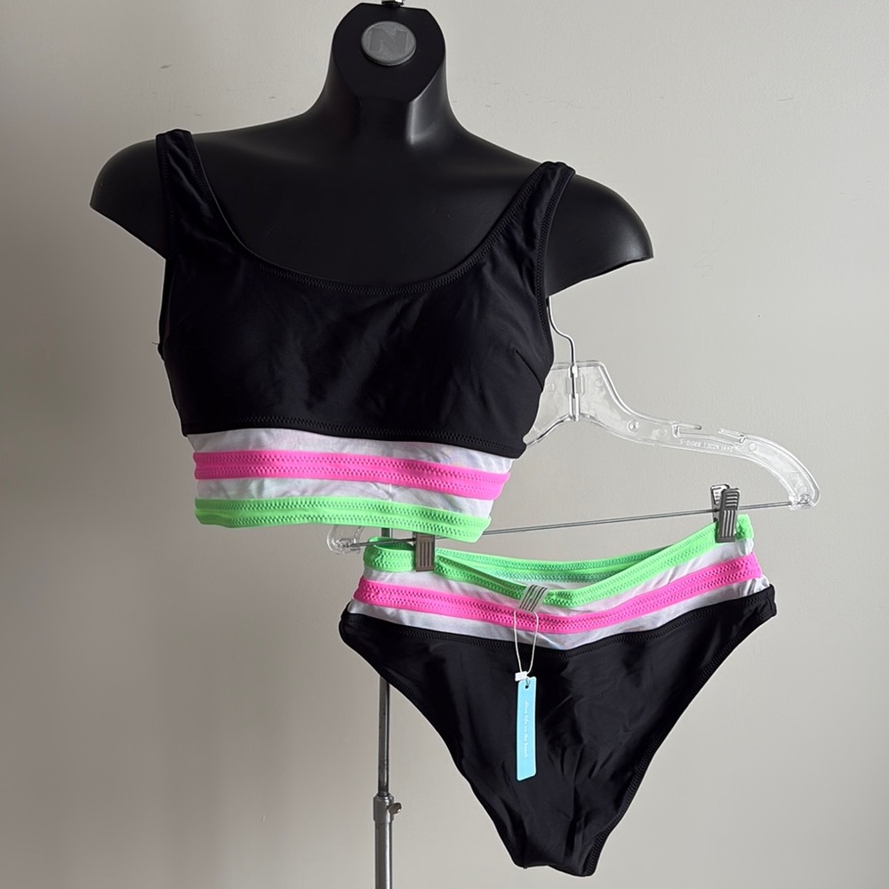 Chic Black Bikini Set with Pink and Green Stripes